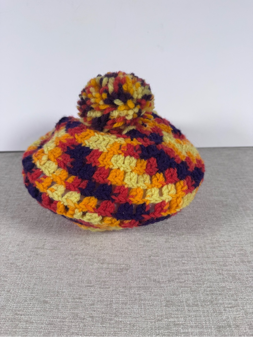 Handmade Multicolor Crochet Pom Beanie - Yellow, Orange, Red, Purple S/P
